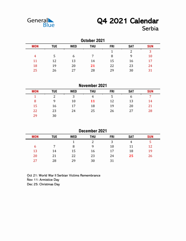 2021 Q4 Calendar with Holidays List for Serbia