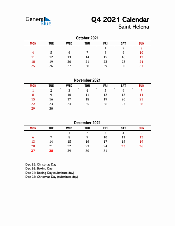 2021 Q4 Calendar with Holidays List for Saint Helena