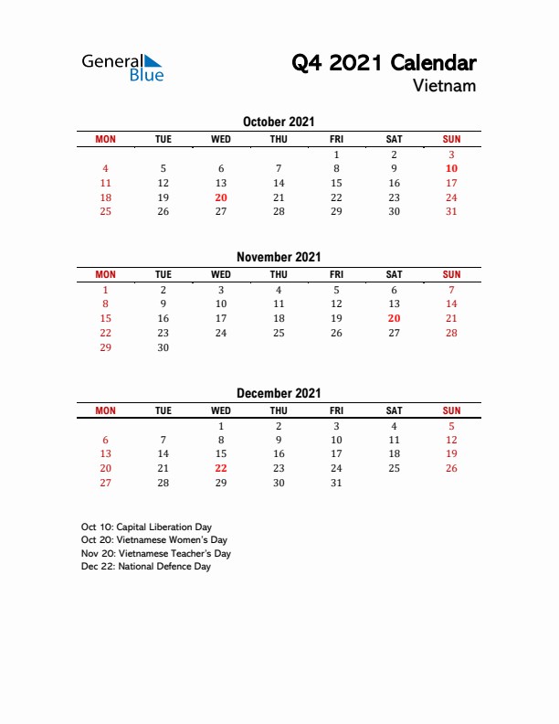 2021 Q4 Calendar with Holidays List for Vietnam