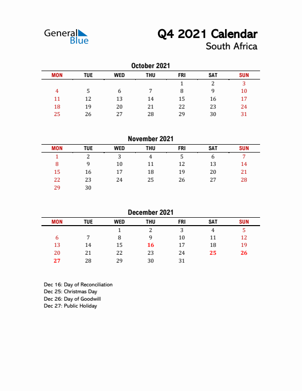 2021 Q4 Calendar with Holidays List for South Africa