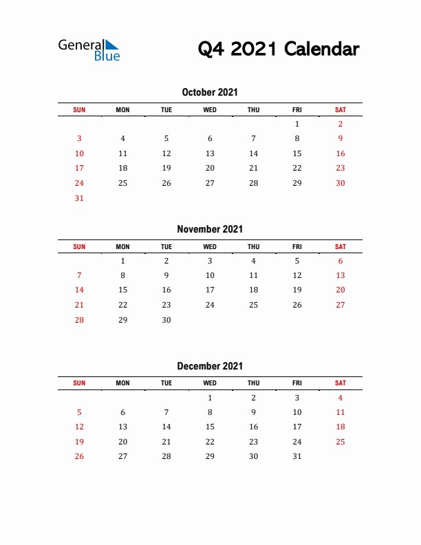 2021 Q4 Calendar with Red Weekend