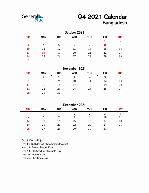 2021 Q4 Calendar with Holidays List for Bangladesh