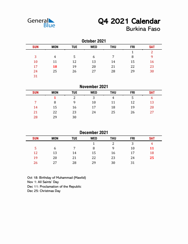 2021 Q4 Calendar with Holidays List for Burkina Faso