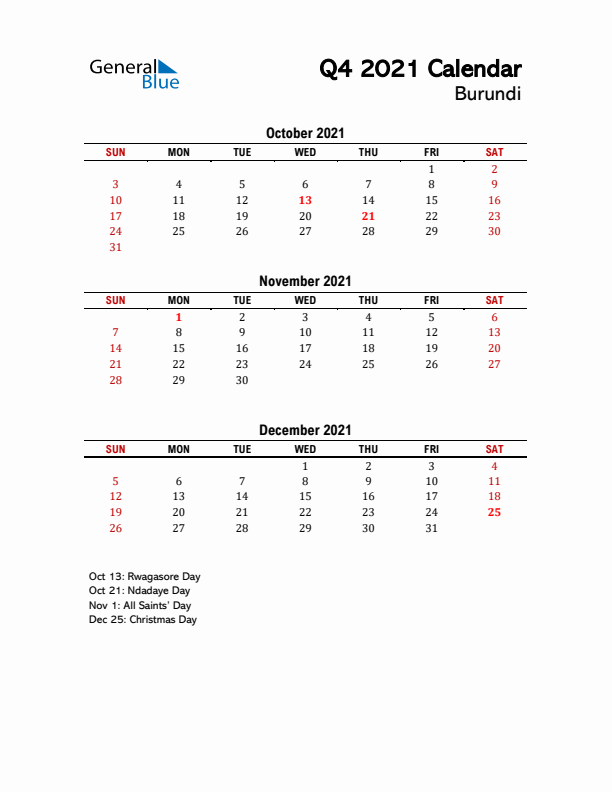 2021 Q4 Calendar with Holidays List for Burundi