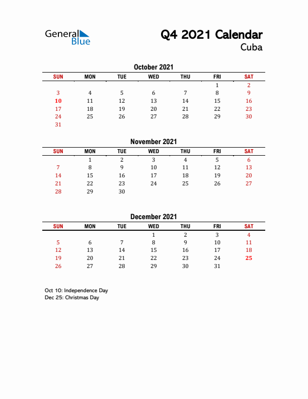 2021 Q4 Calendar with Holidays List for Cuba