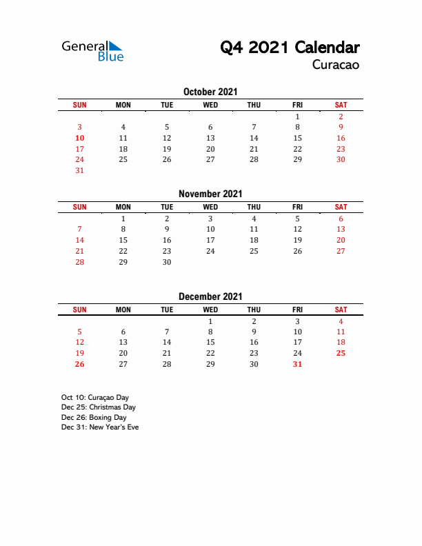 2021 Q4 Calendar with Holidays List for Curacao