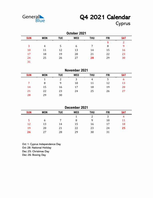 2021 Q4 Calendar with Holidays List for Cyprus