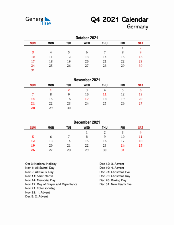 2021 Q4 Calendar with Holidays List for Germany