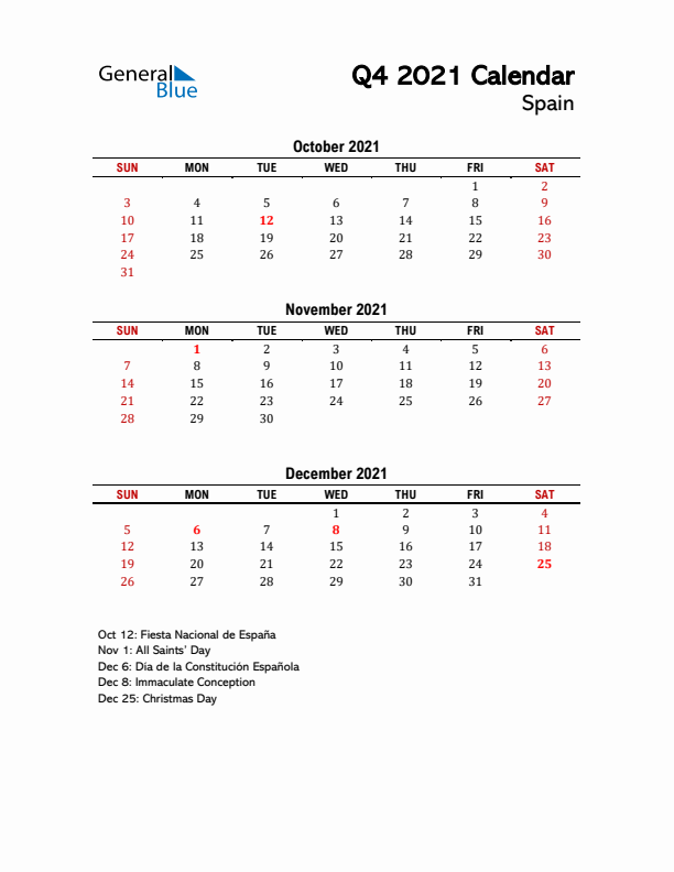 2021 Q4 Calendar with Holidays List for Spain