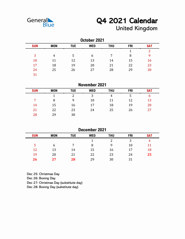 2021 Q4 Calendar with Holidays List for United Kingdom