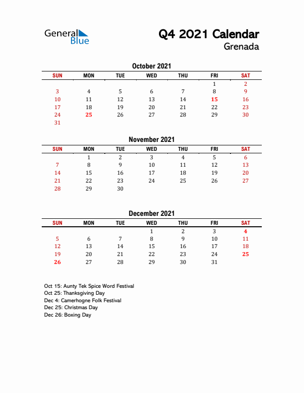 2021 Q4 Calendar with Holidays List for Grenada