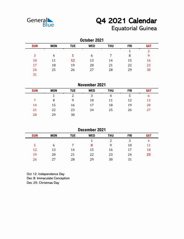 2021 Q4 Calendar with Holidays List for Equatorial Guinea