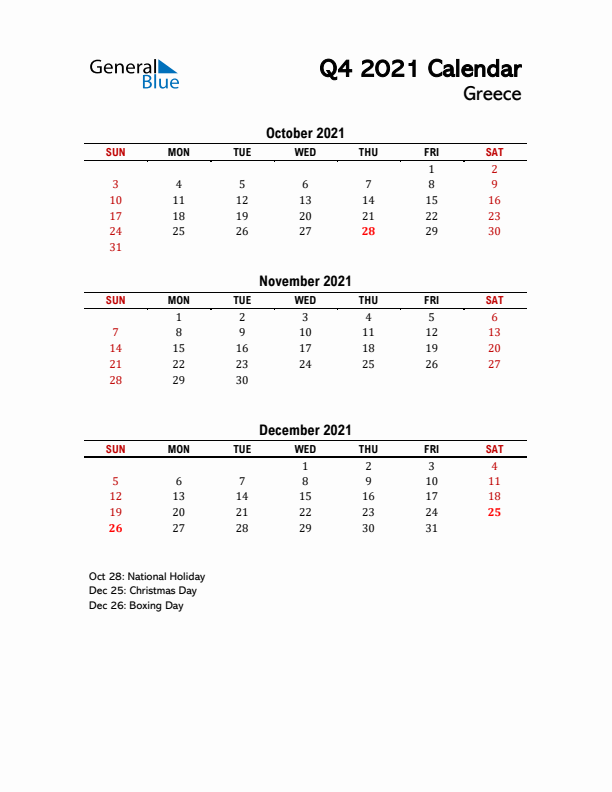 2021 Q4 Calendar with Holidays List for Greece