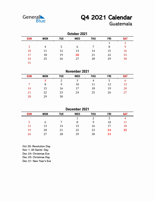 2021 Q4 Calendar with Holidays List for Guatemala