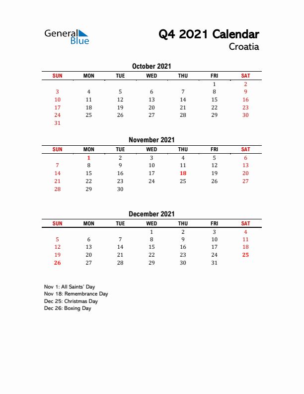 2021 Q4 Calendar with Holidays List for Croatia