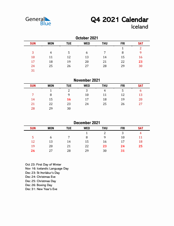 2021 Q4 Calendar with Holidays List for Iceland