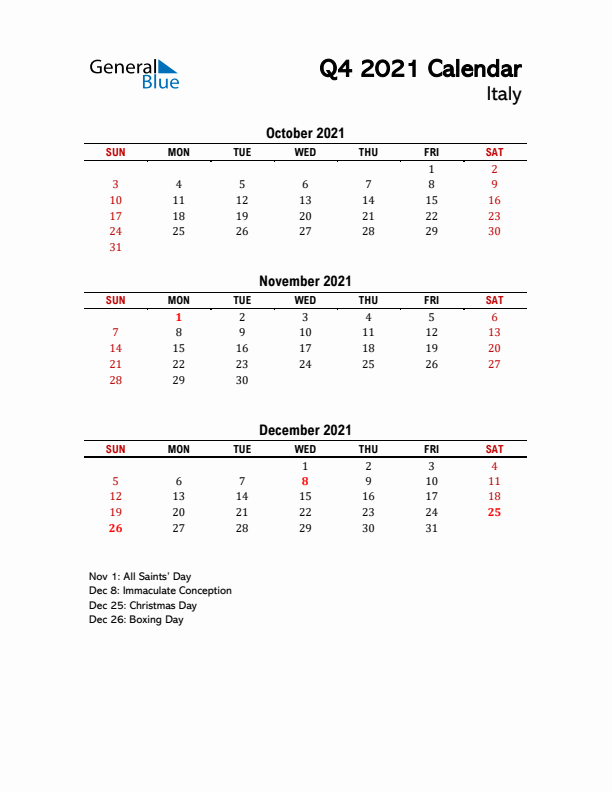 2021 Q4 Calendar with Holidays List for Italy