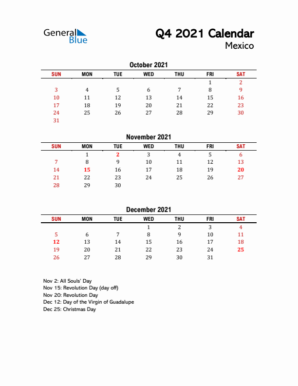 2021 Q4 Calendar with Holidays List for Mexico