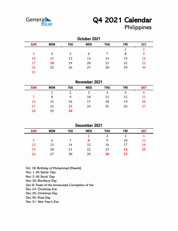 2021 Q4 Calendar with Holidays List for Philippines