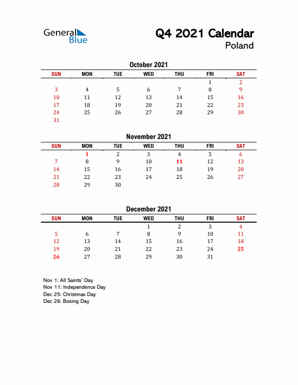 2021 Q4 Calendar with Holidays List for Poland