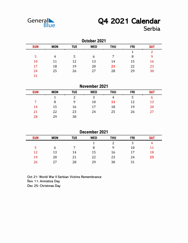 2021 Q4 Calendar with Holidays List for Serbia