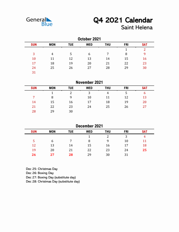 2021 Q4 Calendar with Holidays List for Saint Helena