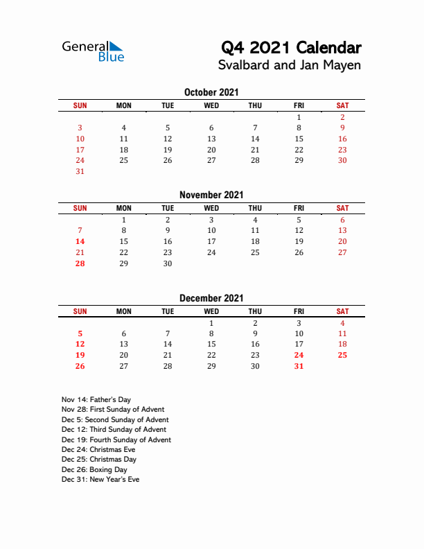 2021 Q4 Calendar with Holidays List for Svalbard and Jan Mayen