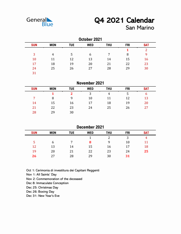 2021 Q4 Calendar with Holidays List for San Marino