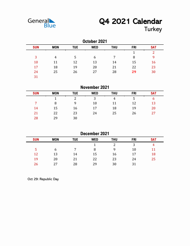 2021 Q4 Calendar with Holidays List for Turkey