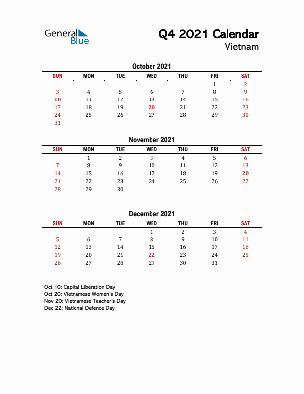 2021 Q4 Calendar with Holidays List for Vietnam