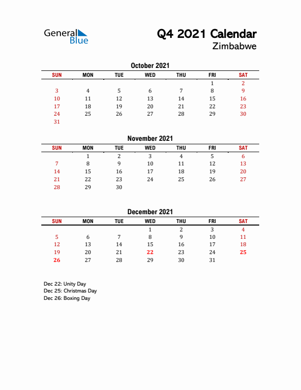 2021 Q4 Calendar with Holidays List for Zimbabwe