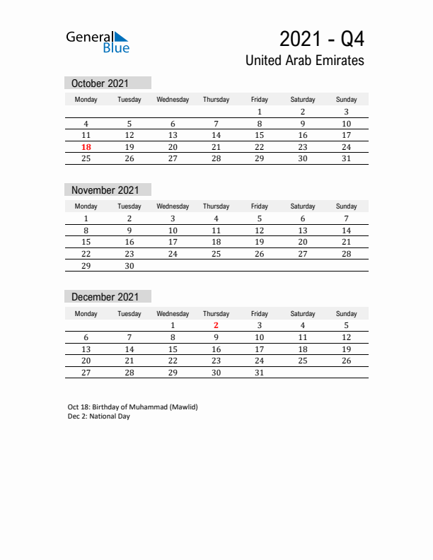 United Arab Emirates Quarter 4 2021 Calendar with Holidays