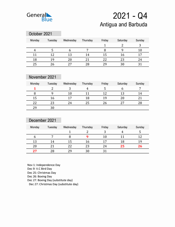 Antigua and Barbuda Quarter 4 2021 Calendar with Holidays