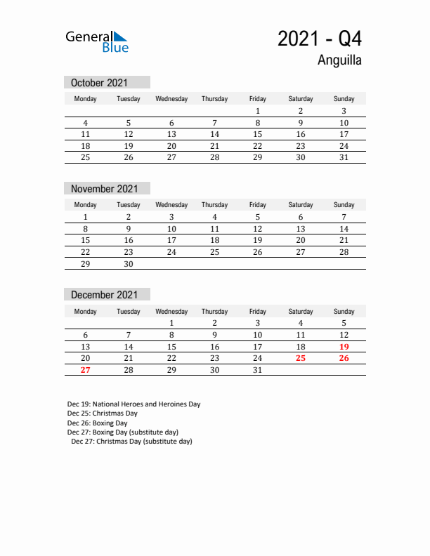 Anguilla Quarter 4 2021 Calendar with Holidays