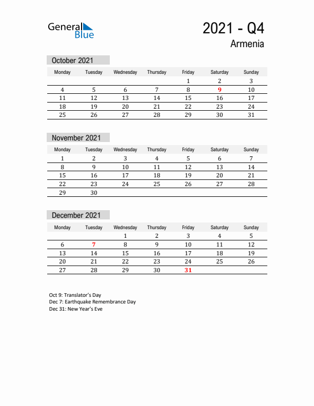 Armenia Quarter 4 2021 Calendar with Holidays