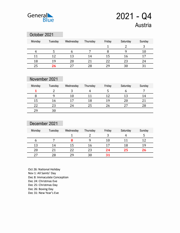 Austria Quarter 4 2021 Calendar with Holidays