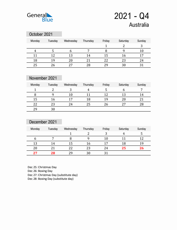 Australia Quarter 4 2021 Calendar with Holidays