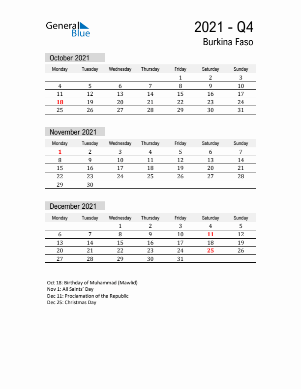 Burkina Faso Quarter 4 2021 Calendar with Holidays