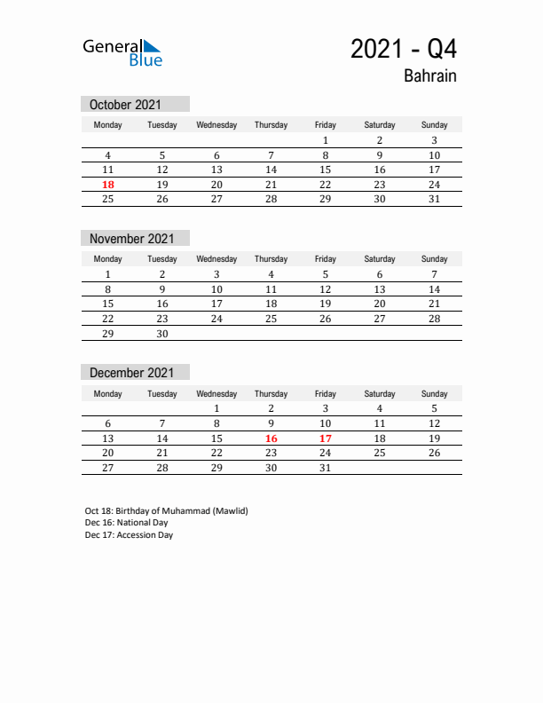 Bahrain Quarter 4 2021 Calendar with Holidays