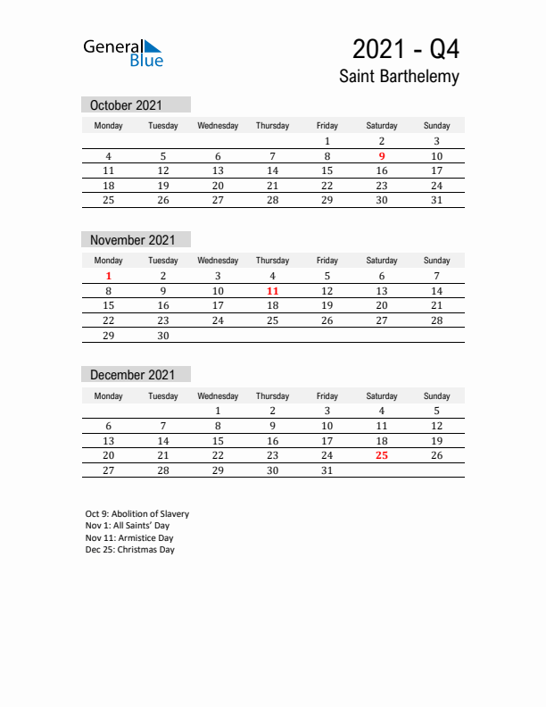 Saint Barthelemy Quarter 4 2021 Calendar with Holidays