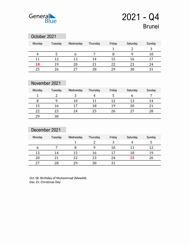 Brunei Quarter 4 2021 Calendar with Holidays