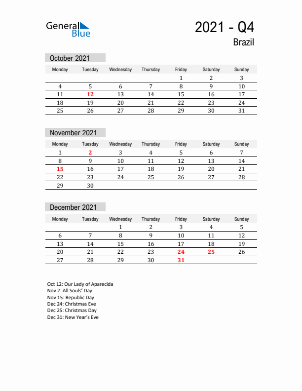 Brazil Quarter 4 2021 Calendar with Holidays