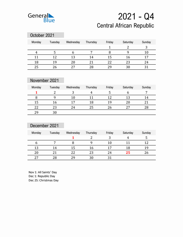 Central African Republic Quarter 4 2021 Calendar with Holidays