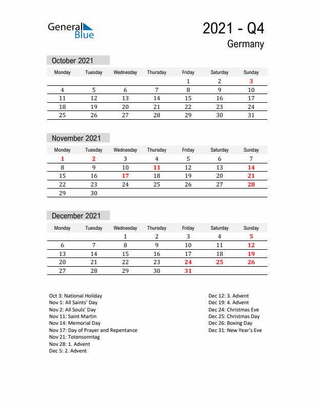 Germany Quarter 4 2021 Calendar with Holidays