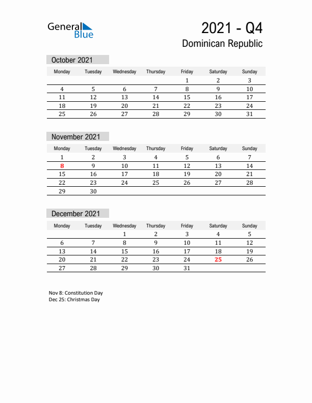 Dominican Republic Quarter 4 2021 Calendar with Holidays