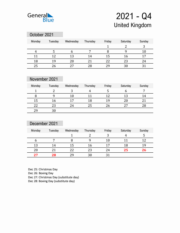 United Kingdom Quarter 4 2021 Calendar with Holidays