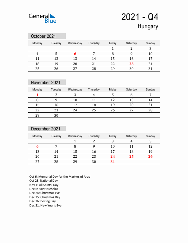 Hungary Quarter 4 2021 Calendar with Holidays