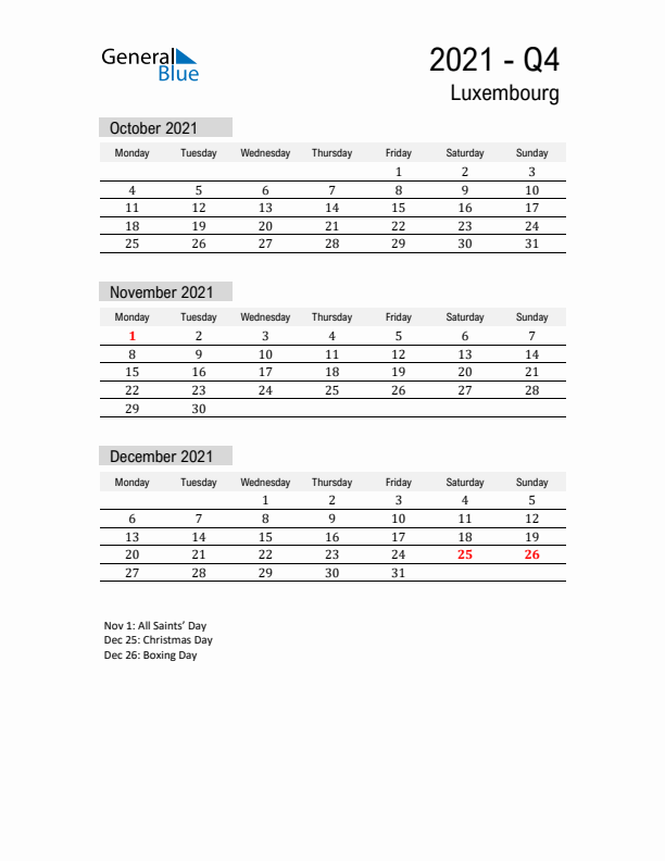 Luxembourg Quarter 4 2021 Calendar with Holidays