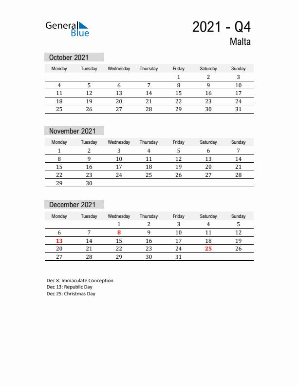 Malta Quarter 4 2021 Calendar with Holidays
