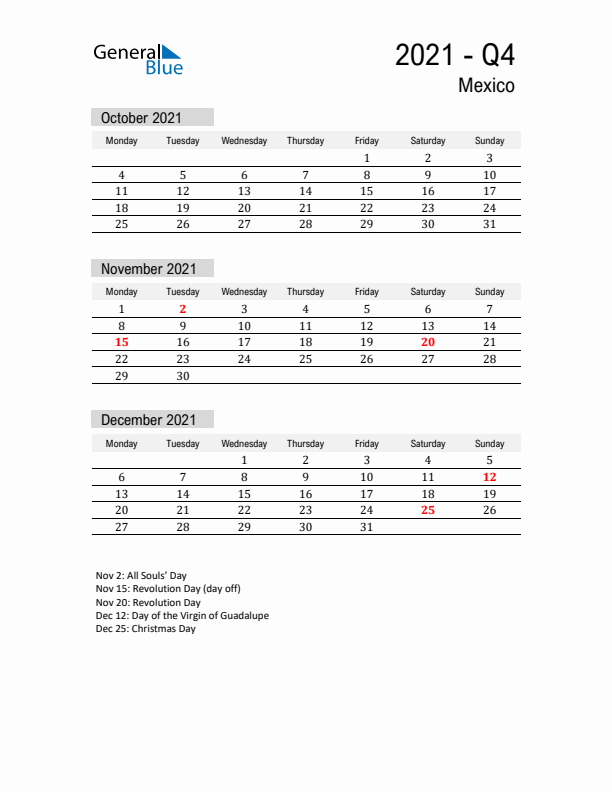 Mexico Quarter 4 2021 Calendar with Holidays